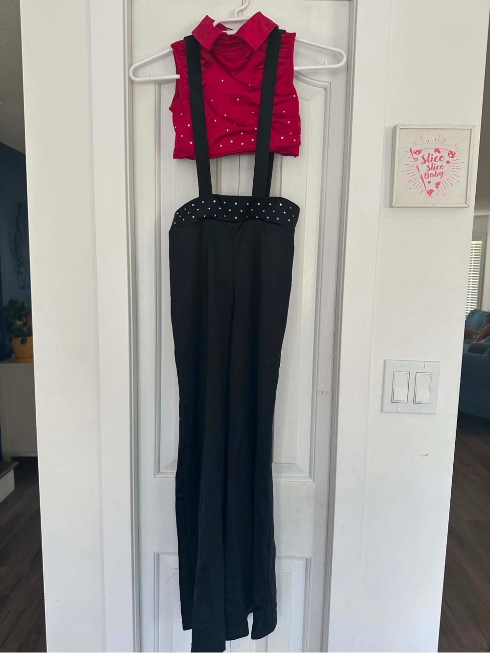 Weissman Black Suspender Pants with Red Studded Crop Top MC